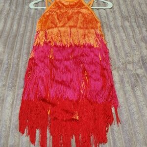 Weissman Orange, Pink & Red Fringe Halter Dress